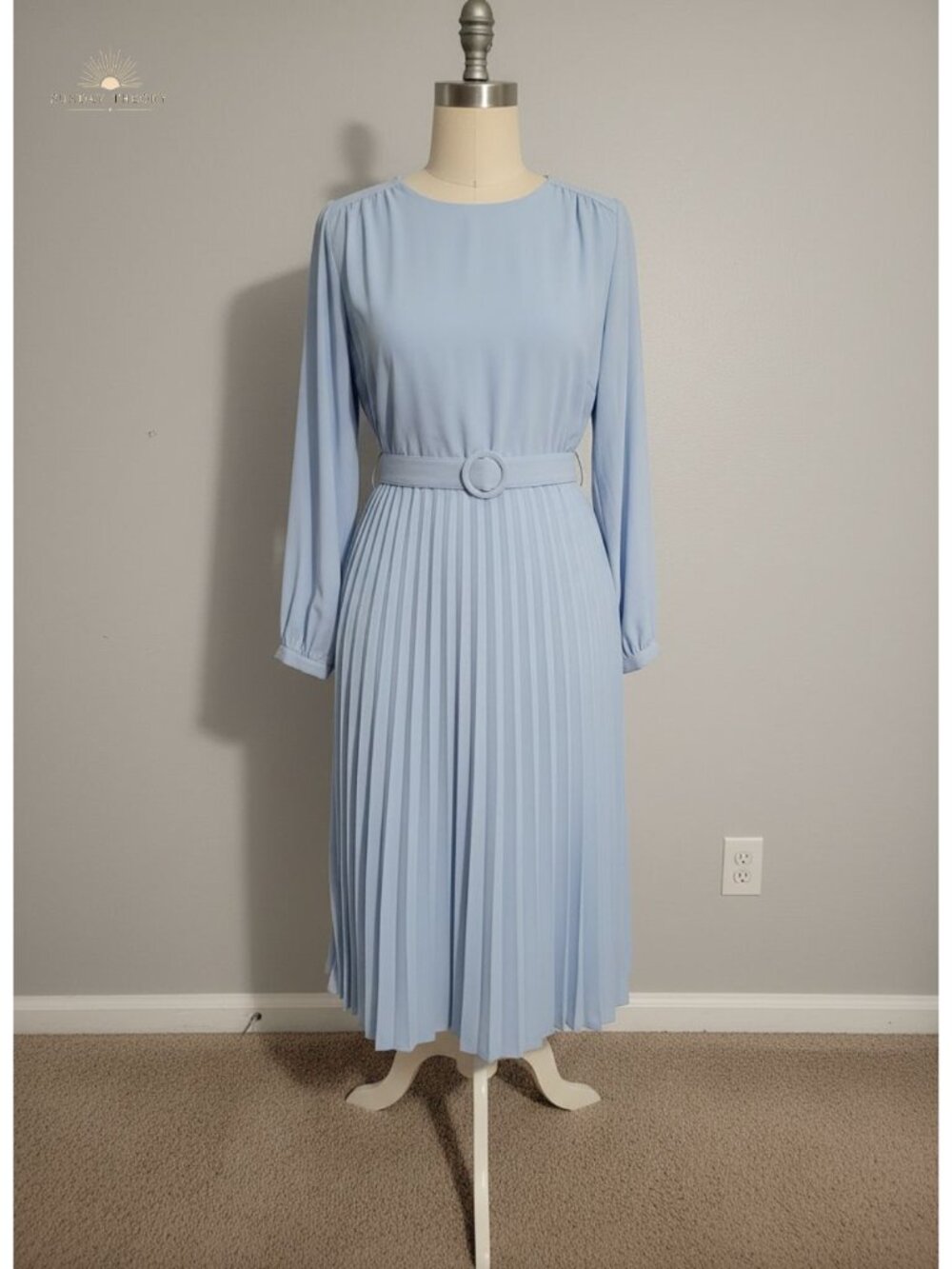 Women Pleated Midi Dress Long Sleeve Semi Formal Belted A-Line
